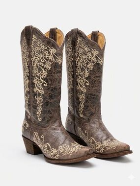 Corral Brown Leather Embroidered Western Heeled Boots with Cream Stitching, 10